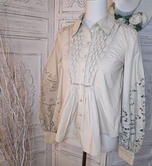 By TiMo Beige Eyelet Embroidery Voluminous Sleeve Cotton Blouse Shirt